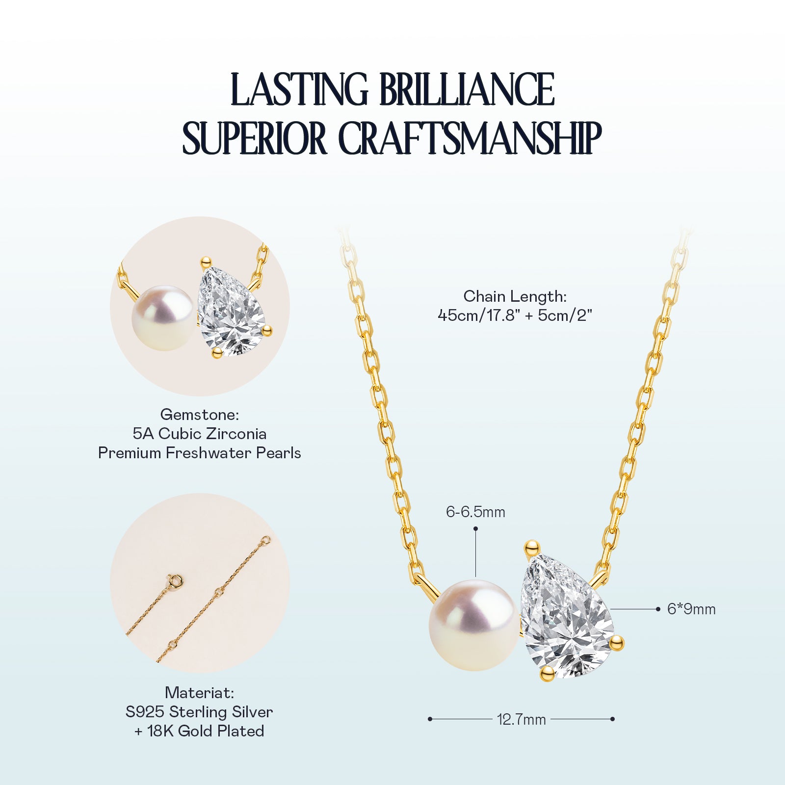 Freshwater pearl and pear-shaped cubic zirconia pendant necklace in yellow gold color detail view