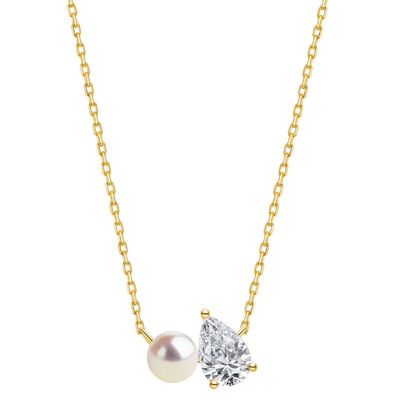 Freshwater pearl and pear-shaped cubic zirconia pendant necklace in yellow gold color, front view