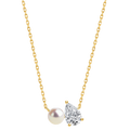 Freshwater pearl and pear-shaped cubic zirconia pendant necklace in yellow gold color, front view