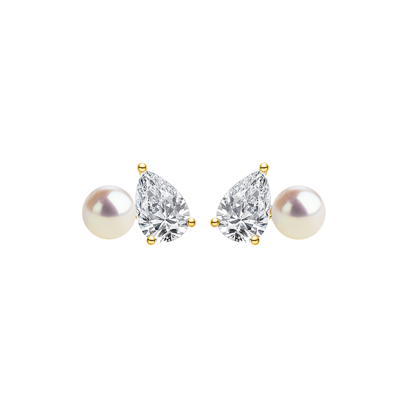 Freshwater pearl and pear-shaped cubic zirconia stud earrings in yellow gold color detail view