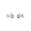 Freshwater pearl and pear-shaped cubic zirconia stud earrings in yellow gold color detail view
