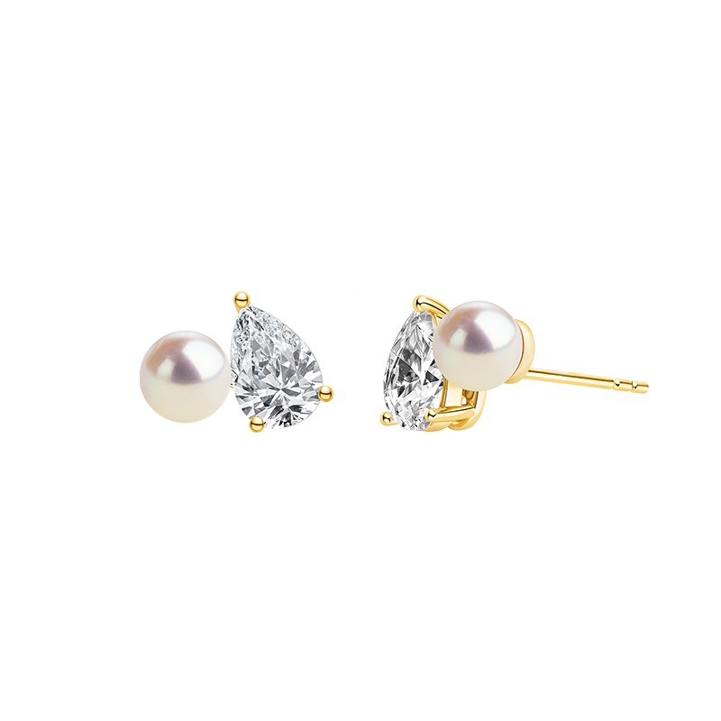Freshwater pearl and pear-shaped cubic zirconia stud earrings in yellow gold color, front view