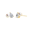 Freshwater pearl and pear-shaped cubic zirconia stud earrings in yellow gold color, front view