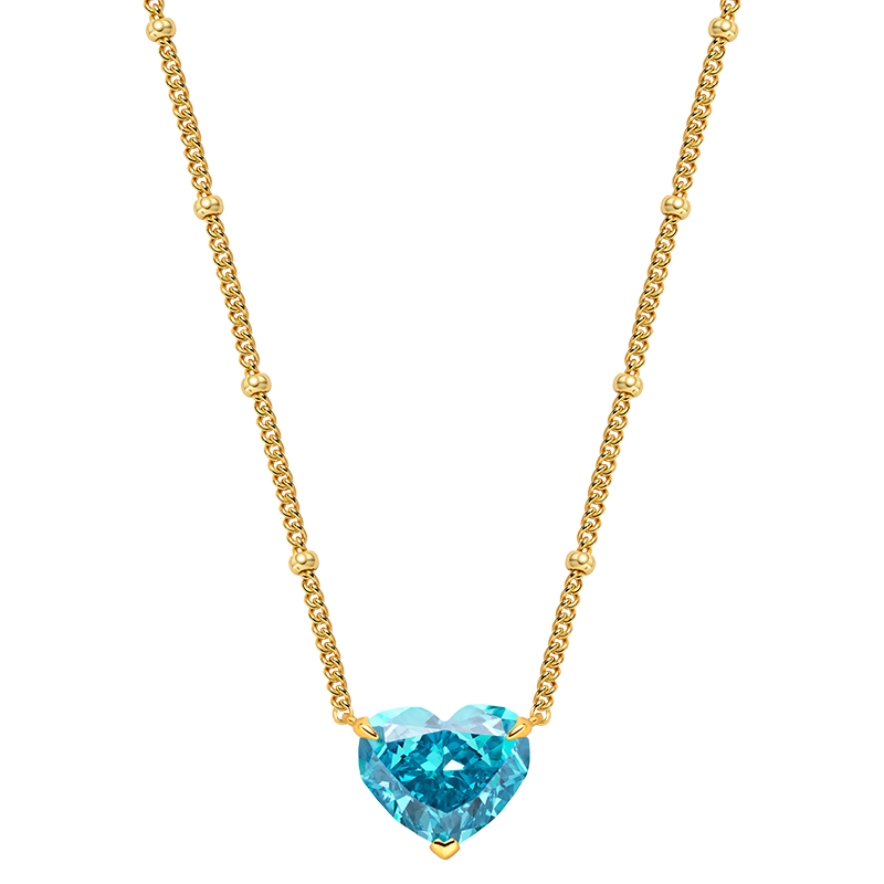 Blue heart cubic zirconia bead chain pendant necklace in 18K gold-plated sterling silver, front view