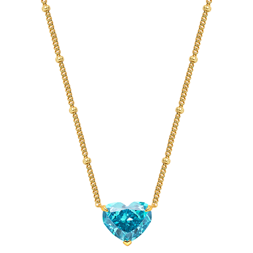 Blue heart cubic zirconia bead chain pendant necklace in 18K gold-plated sterling silver, front view