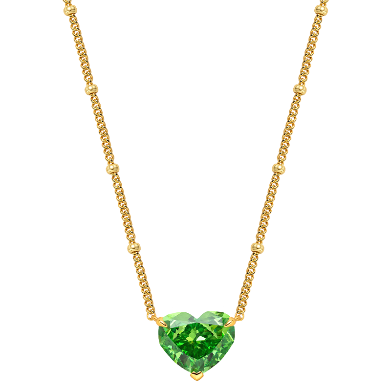 Green heart cubic zirconia bead chain pendant necklace in 18K gold-plated sterling silver, front view