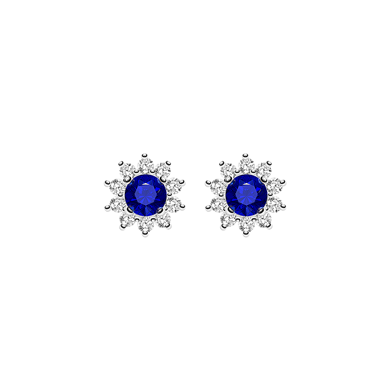 Round blue lab-created sapphire halo stud earrings in sterling silver, front view