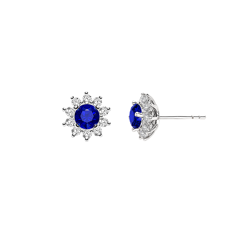 Front and side views of lab-created sapphire halo stud earrings