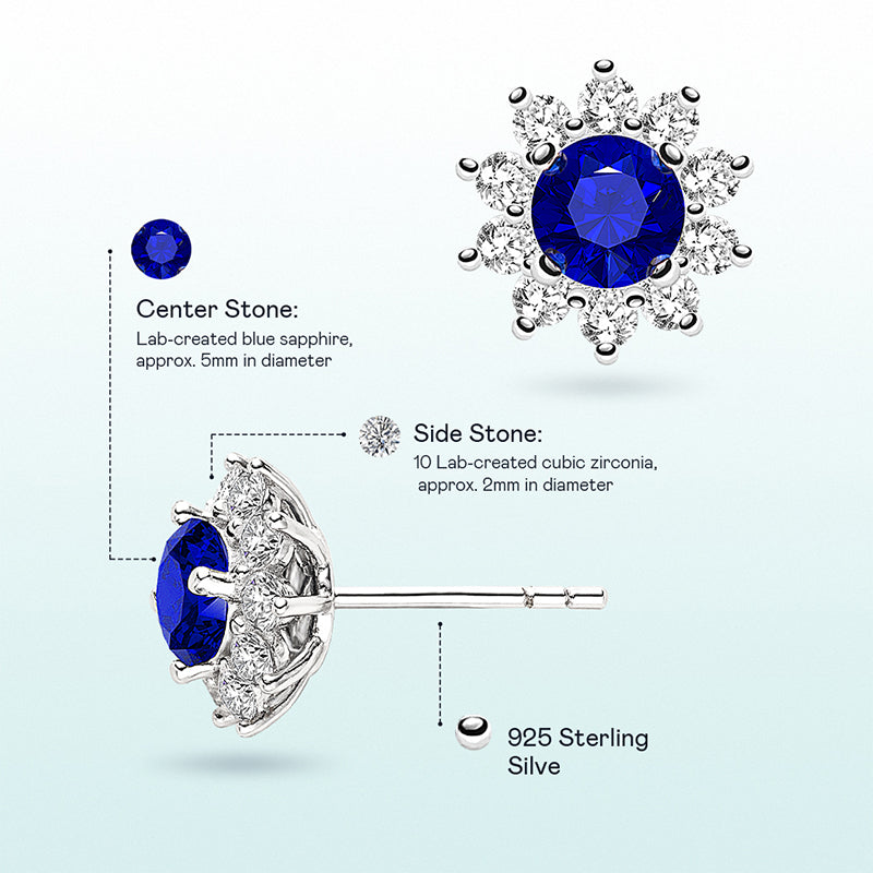 Specification graphic showing 5mm lab-created sapphires, cubic zirconia halos and sterling silver posts