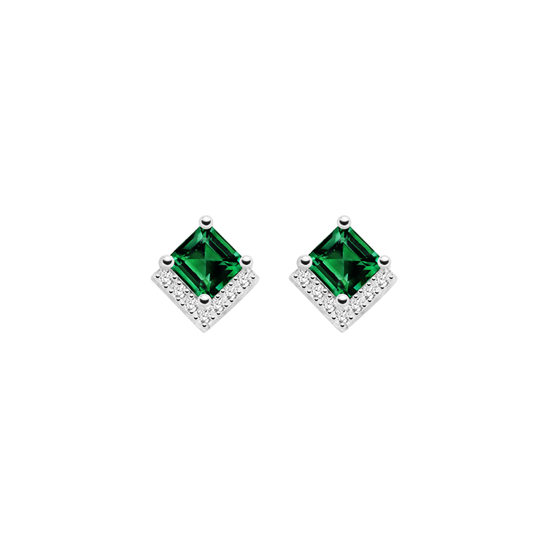 Square lab-grown emerald stud earrings with cubic zirconia frames, front view
