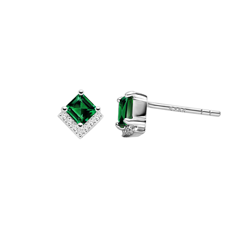 Front and side views of square lab-grown emerald stud earrings in sterling silver