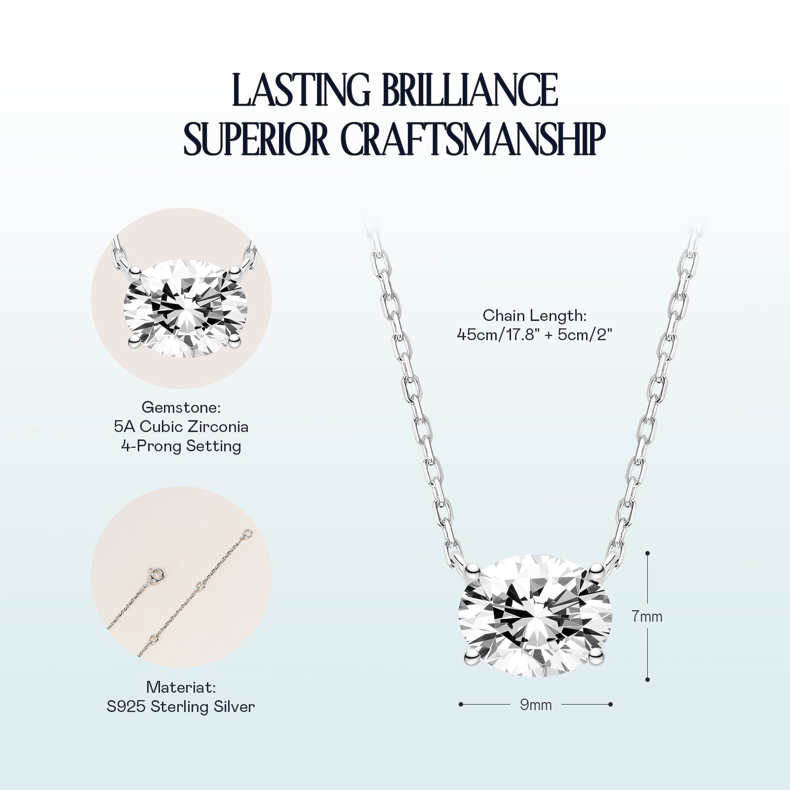 Oval cubic zirconia pendant necklace white gold color specification card