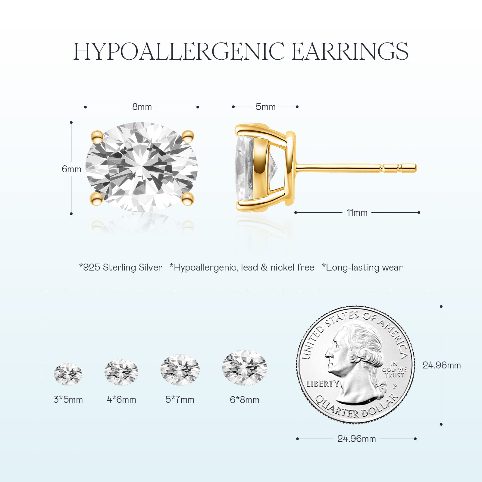 Oval cubic zirconia stud earrings in gold color side detail