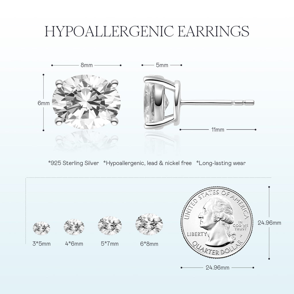 Oval cubic zirconia stud earrings silver color specification card