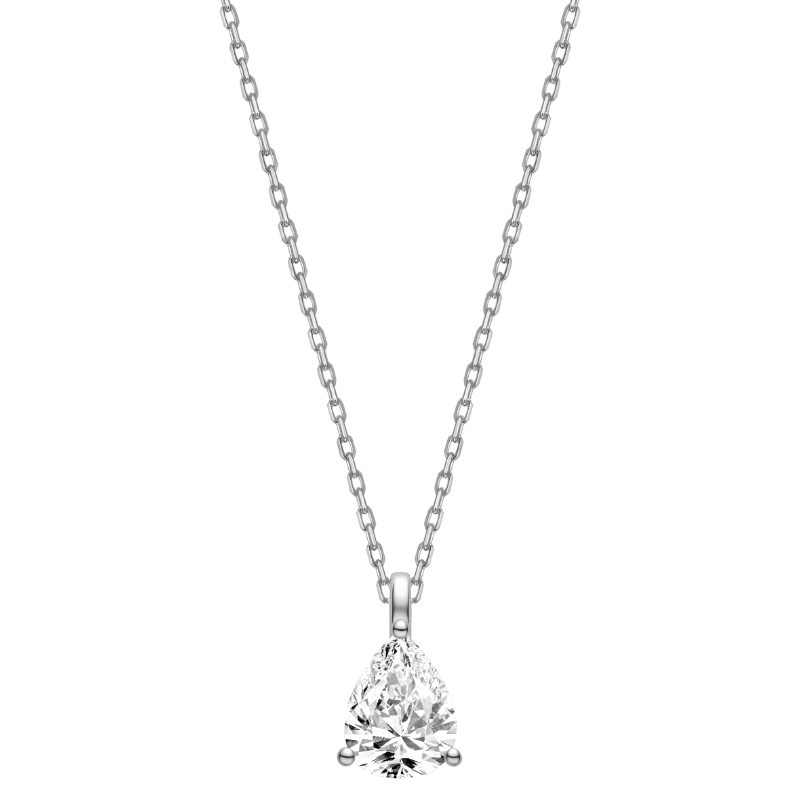 Pear-shaped cubic zirconia pendant necklace in white gold color, front view