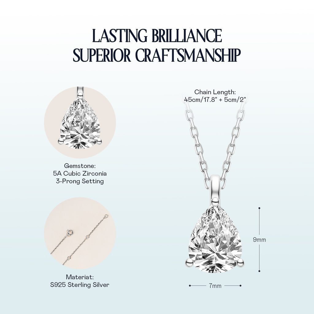 Pear-shaped cubic zirconia pendant necklace white gold color specification card