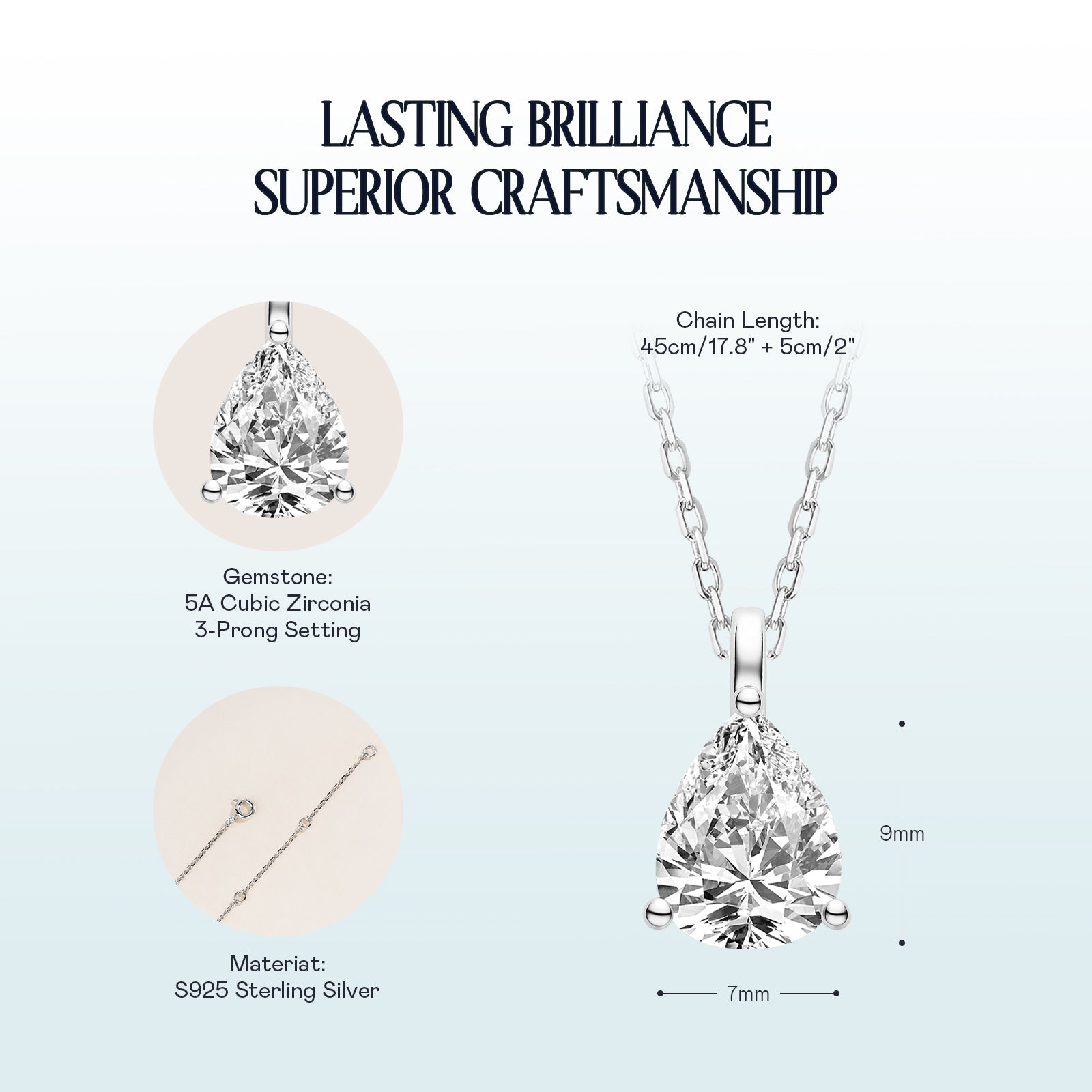 Pear-shaped cubic zirconia pendant necklace white gold color specification card