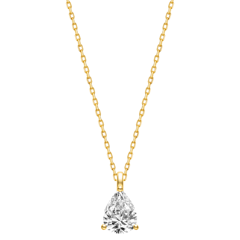 Pear-shaped cubic zirconia pendant necklace in yellow gold color, front view
