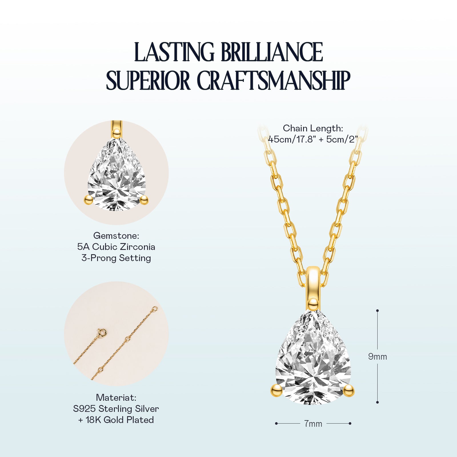 Pear-shaped cubic zirconia pendant necklace yellow gold color specification card
