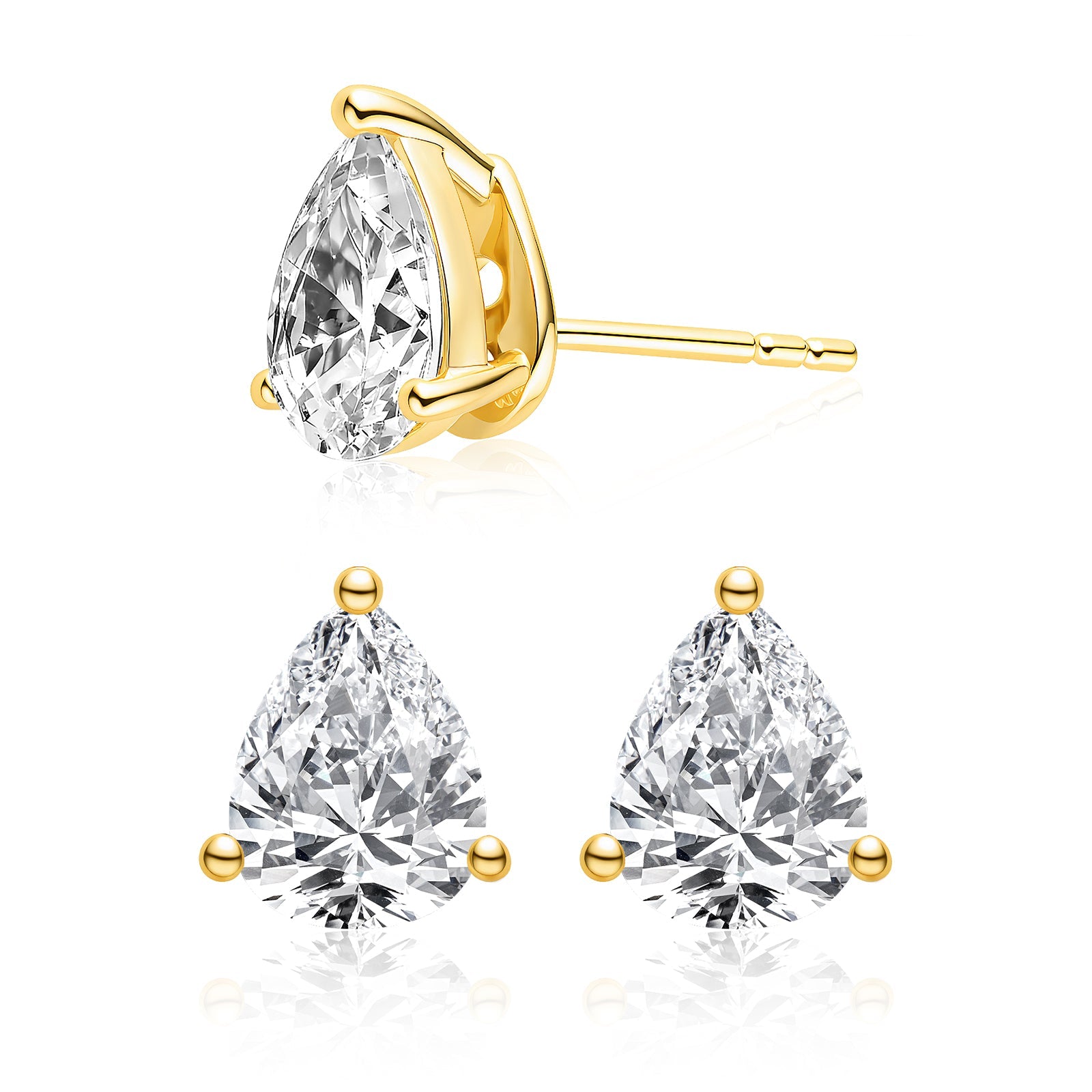 Model wearing pear-shaped cubic zirconia stud earrings in gold color