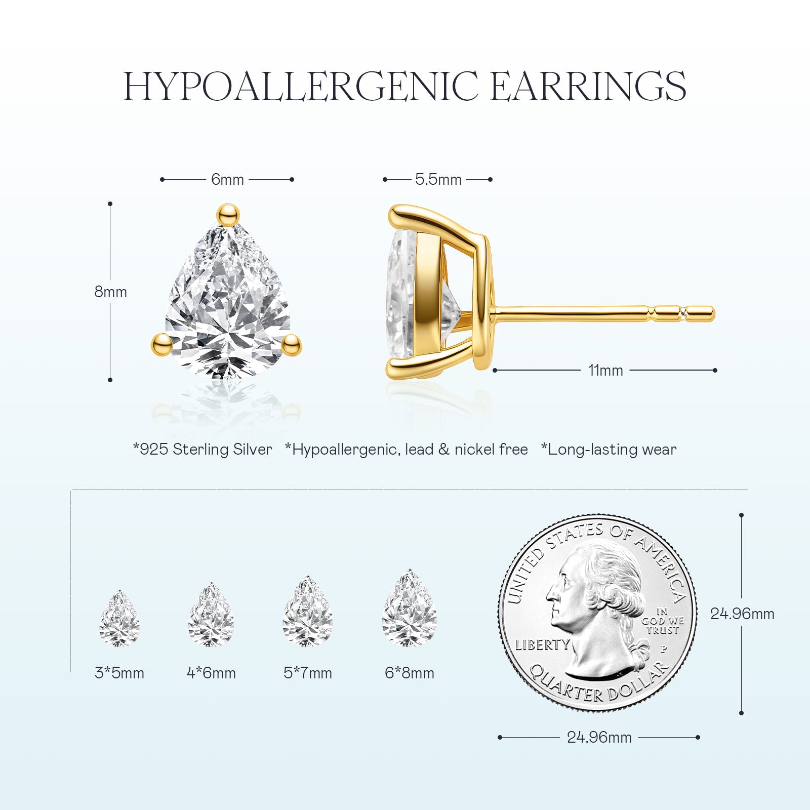 Pear-shaped cubic zirconia stud earrings in gold color side detail