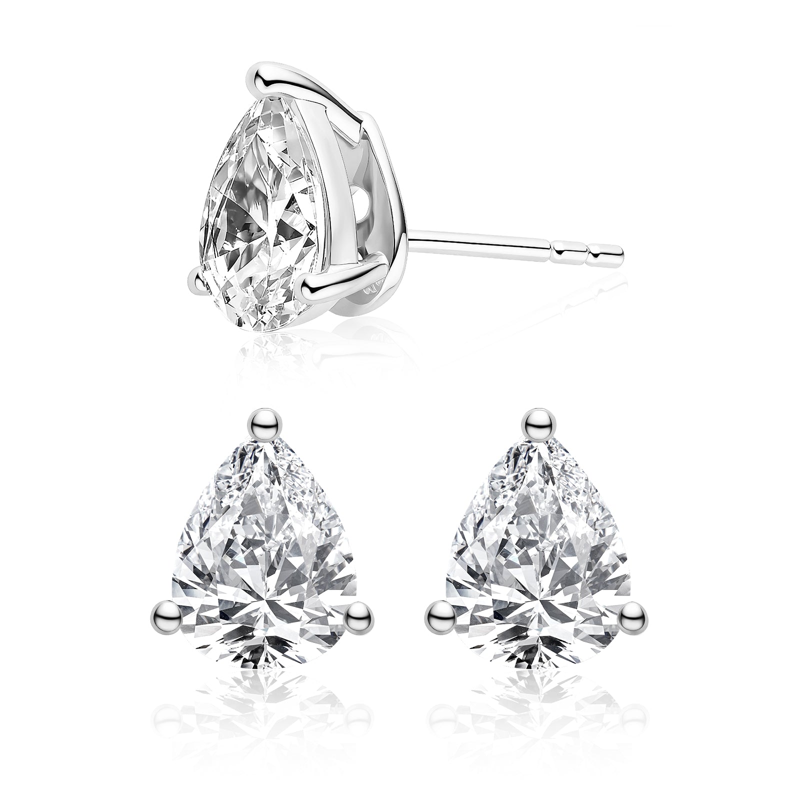 Pear-shaped cubic zirconia stud earrings in silver color side detail