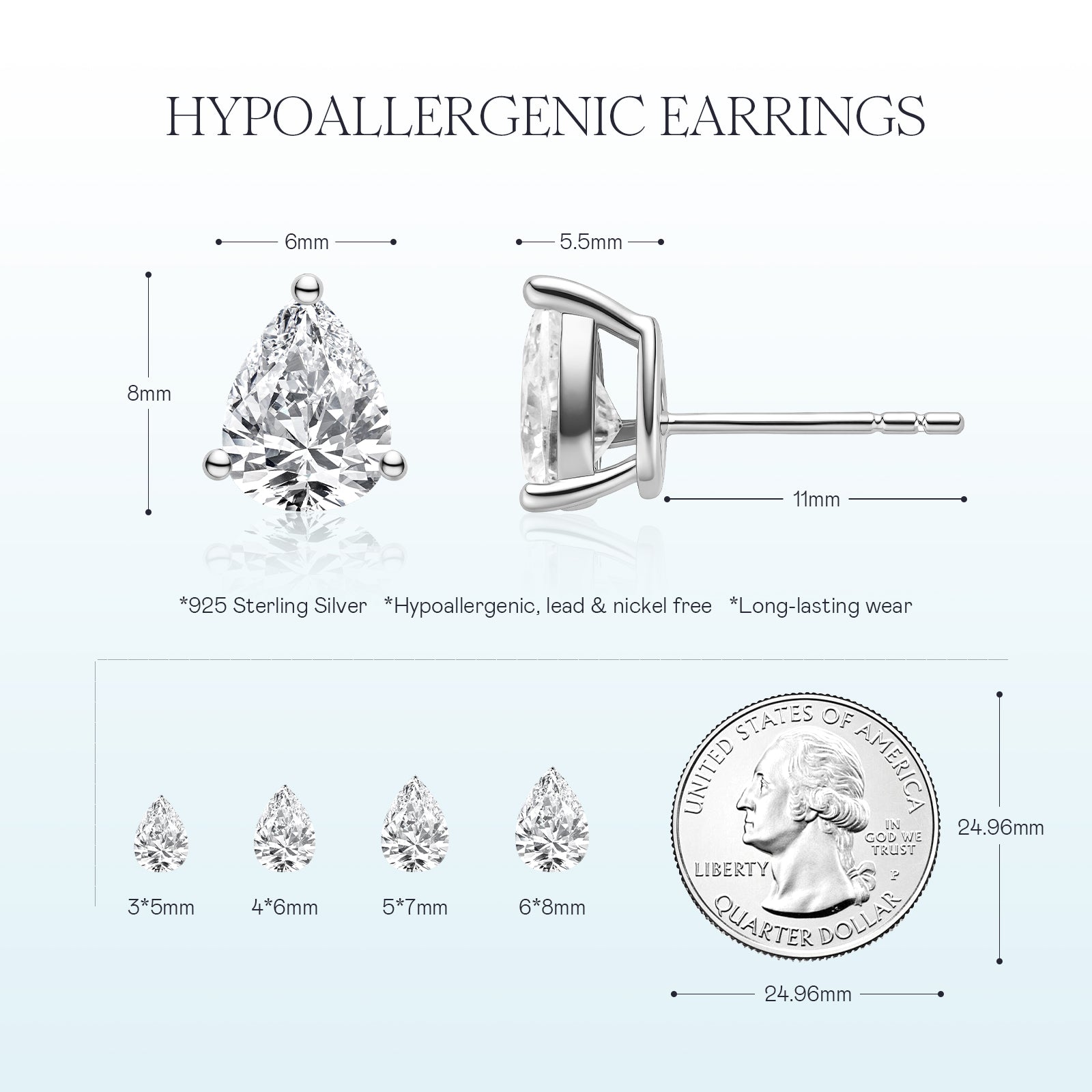 Pear-shaped cubic zirconia stud earrings silver color specification card