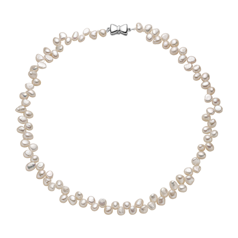 Freshwater pearl bow clasp strand necklace in 925 sterling silver, front view
