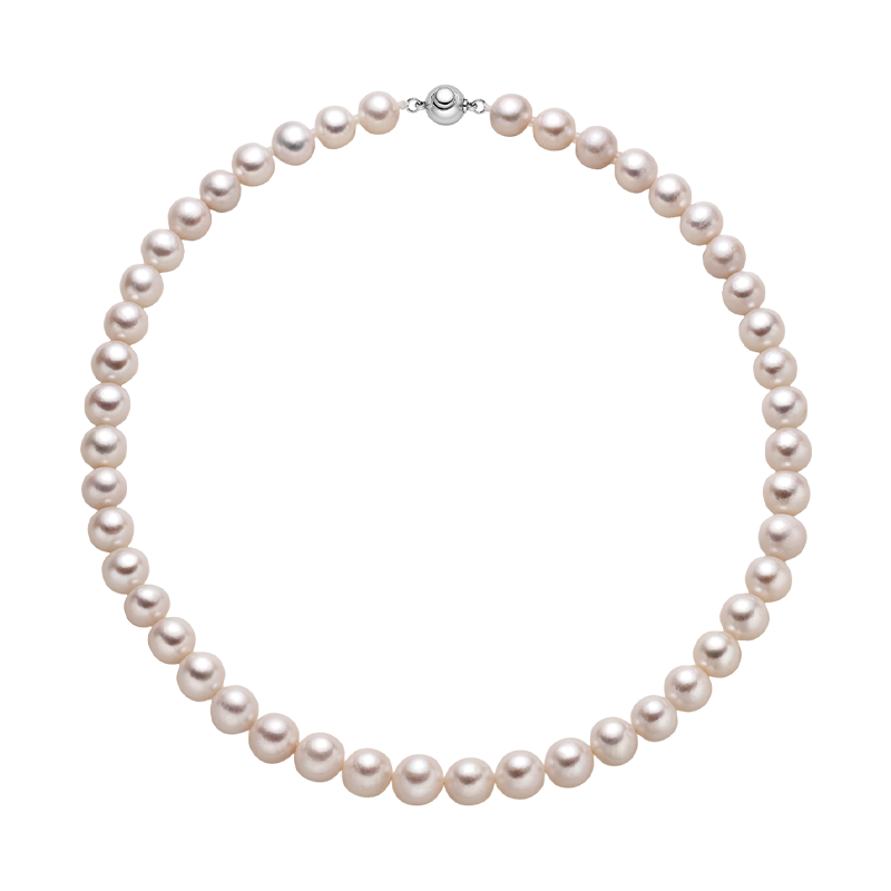 Freshwater pearl ball clasp strand necklace in 925 sterling silver, 8.0-9.0mm front view