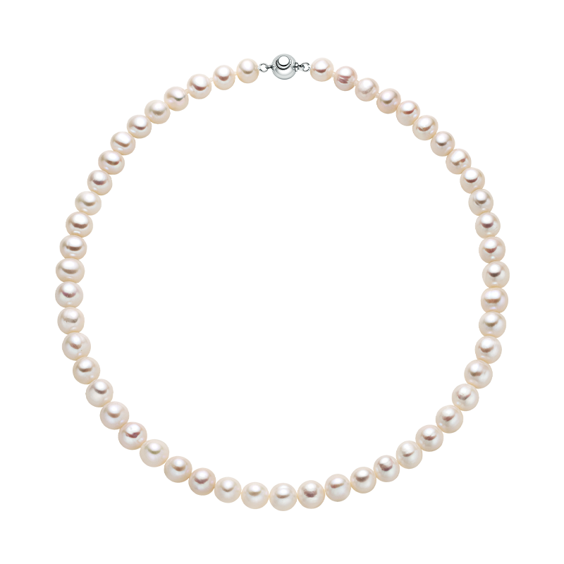 Freshwater pearl ball clasp strand necklace in 925 sterling silver, 7.0-8.0mm front view