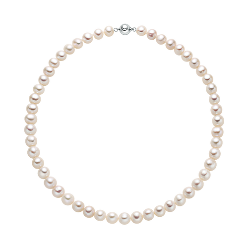 Freshwater pearl ball clasp strand necklace in 925 sterling silver, 7.0-8.0mm front view