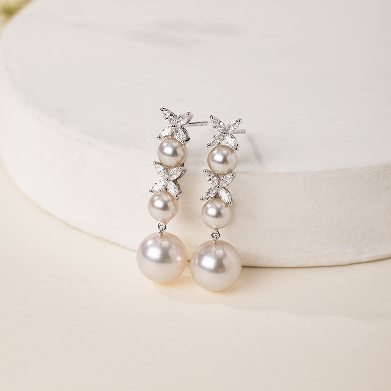 Close-up of the freshwater pearl and cubic zirconia dangle earring design