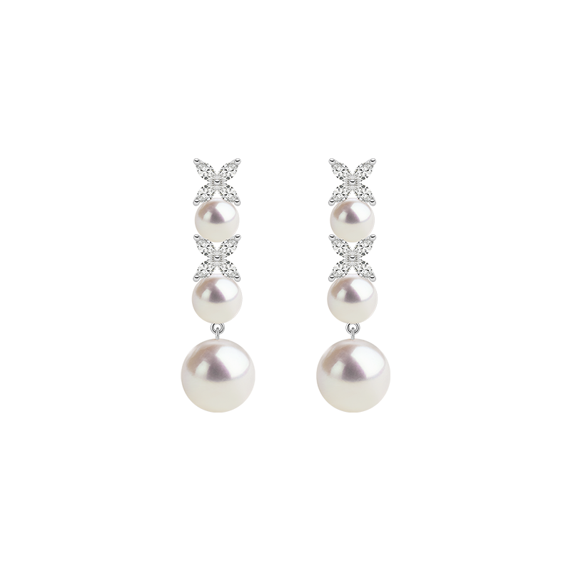 Freshwater pearl cubic zirconia dangle earrings in rhodium-plated sterling silver, front view