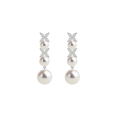 Freshwater pearl cubic zirconia dangle earrings in rhodium-plated sterling silver, front view