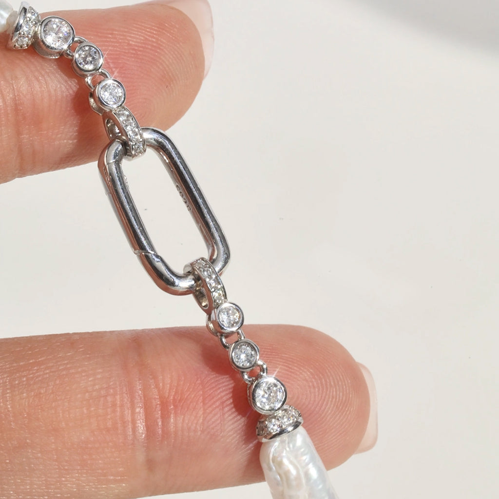 Close-up of the baroque pearl strand necklace in sterling silver