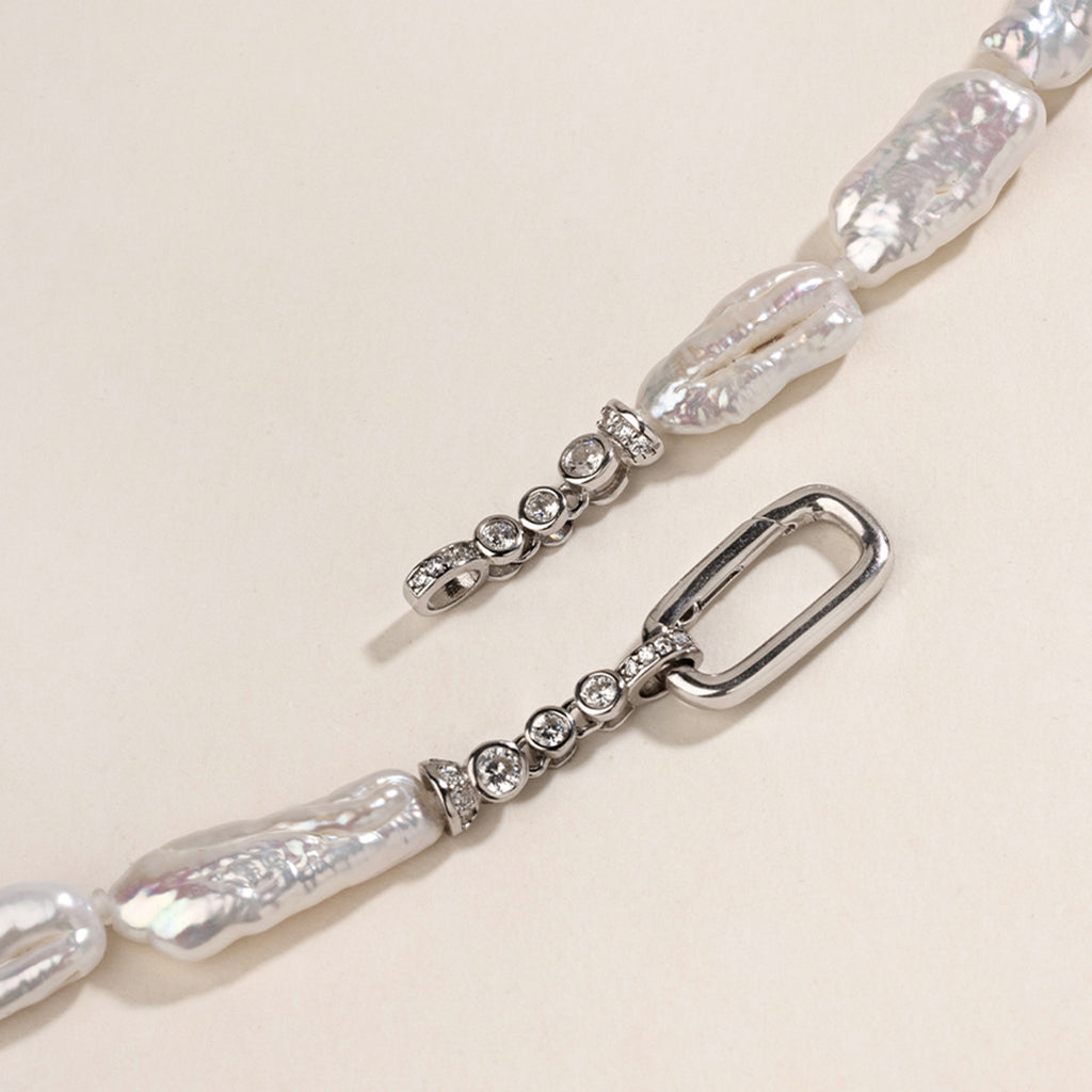 Close-up of the baroque freshwater pearl necklace connector detail