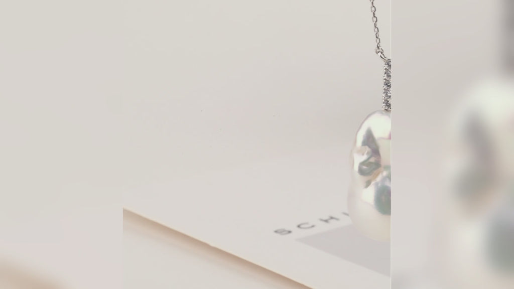 Baroque Freshwater Pearl Vertical CZ Baton Pendant Necklace in 925 Sterling Silver