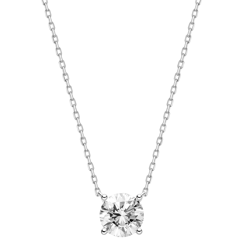 Round cubic zirconia solitaire pendant necklace in white gold color, front view
