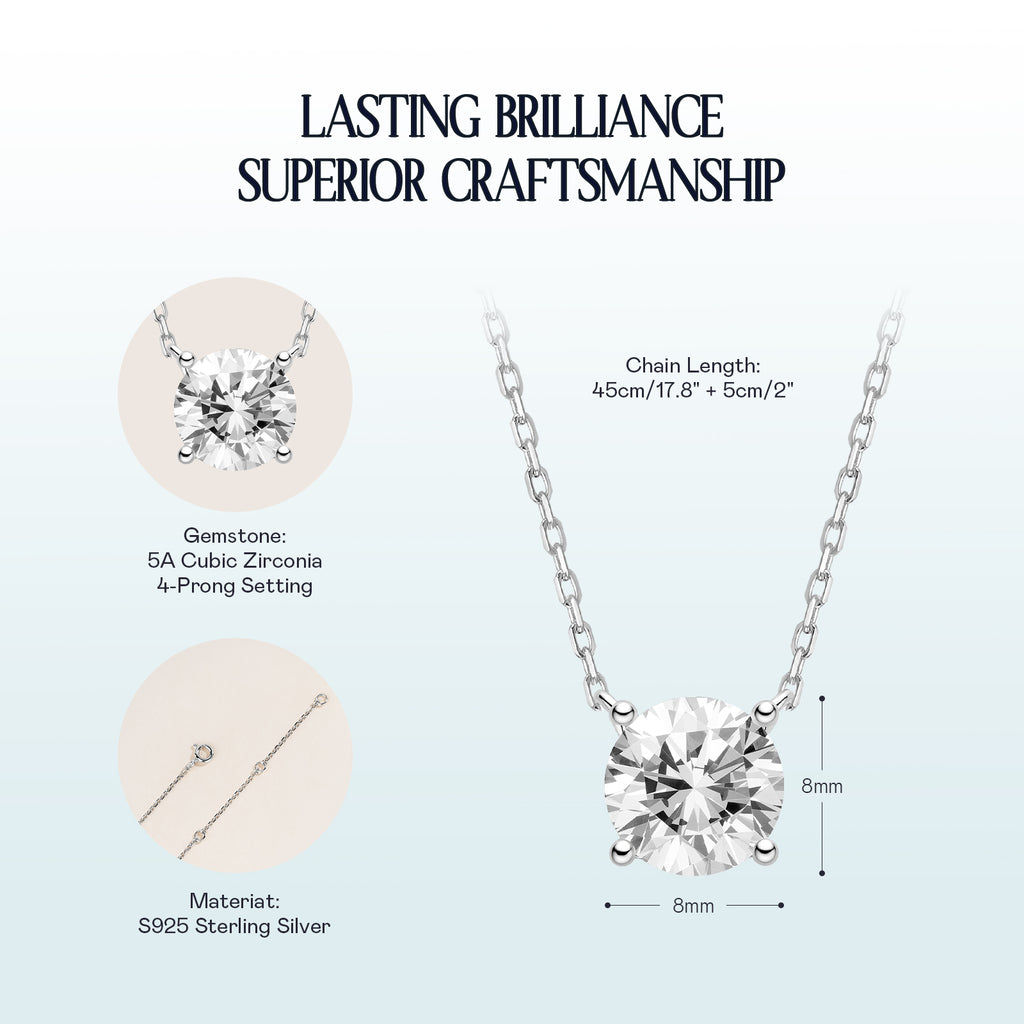 Round cubic zirconia solitaire pendant necklace white gold color specification card