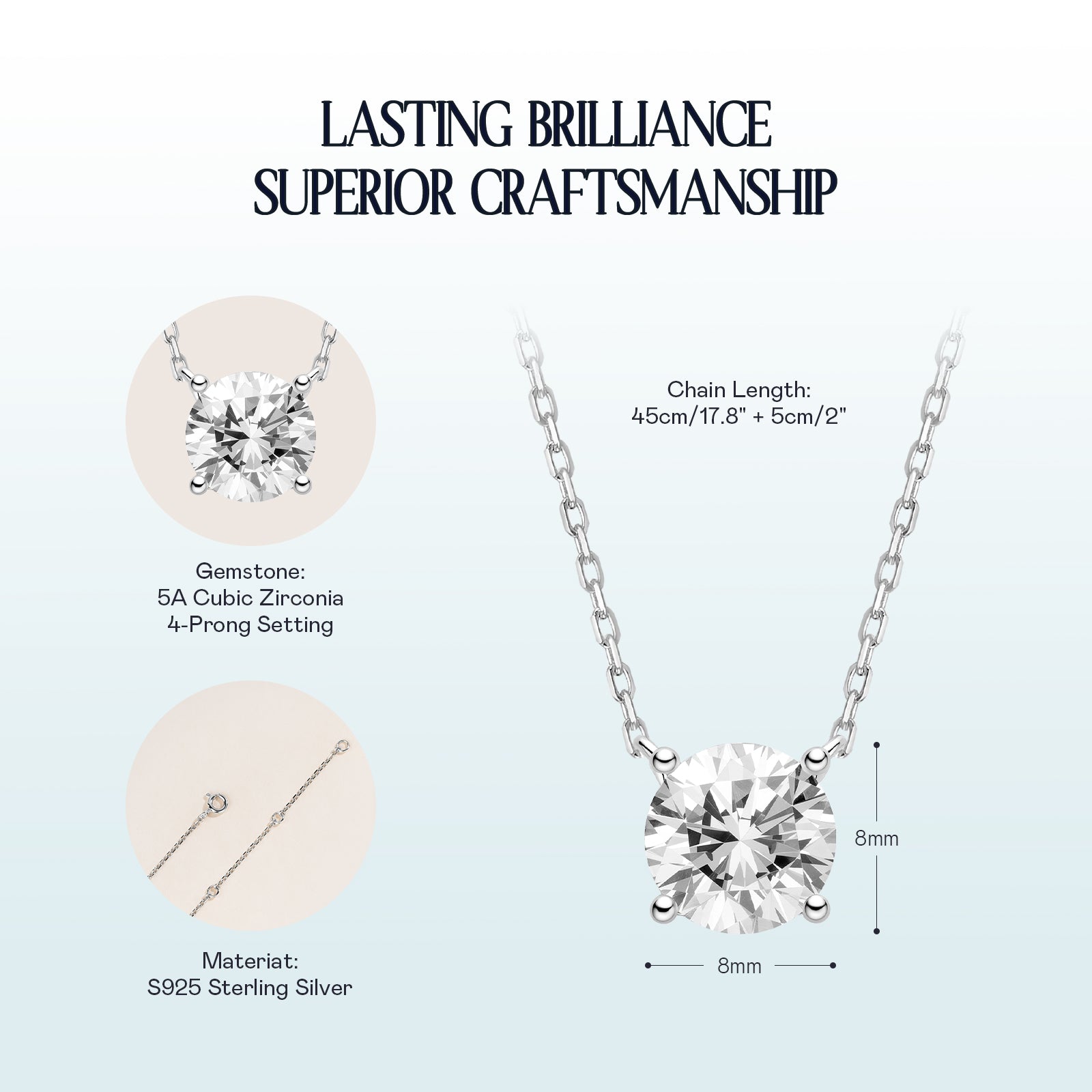 Round cubic zirconia solitaire pendant necklace white gold color specification card