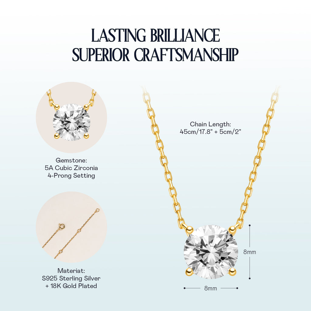 Round cubic zirconia solitaire pendant necklace yellow gold color specification card
