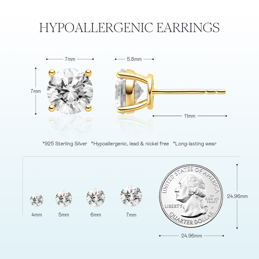 Round cubic zirconia stud earrings gold color specification card