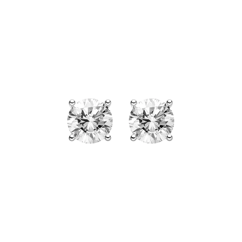 Round cubic zirconia stud earrings in silver color, black background front view