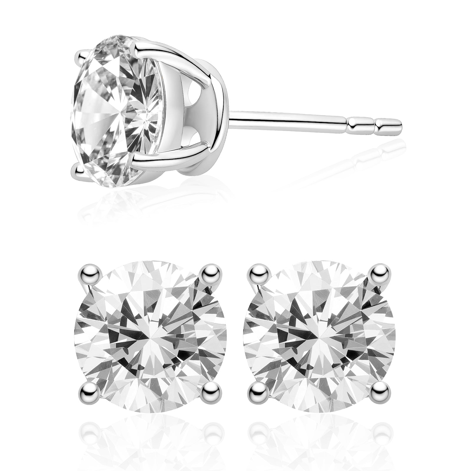 Round cubic zirconia stud earrings in silver color side detail