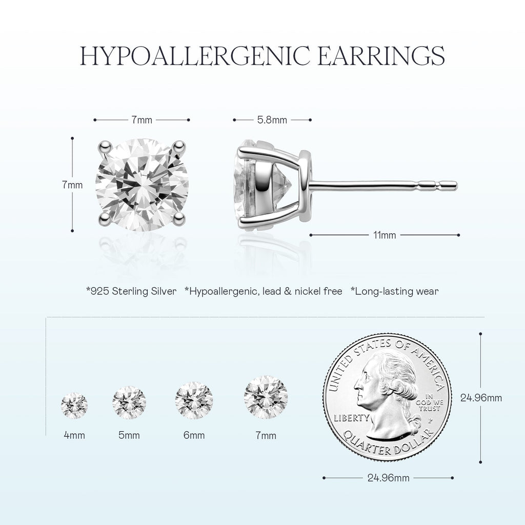 Round cubic zirconia stud earrings silver color specification card